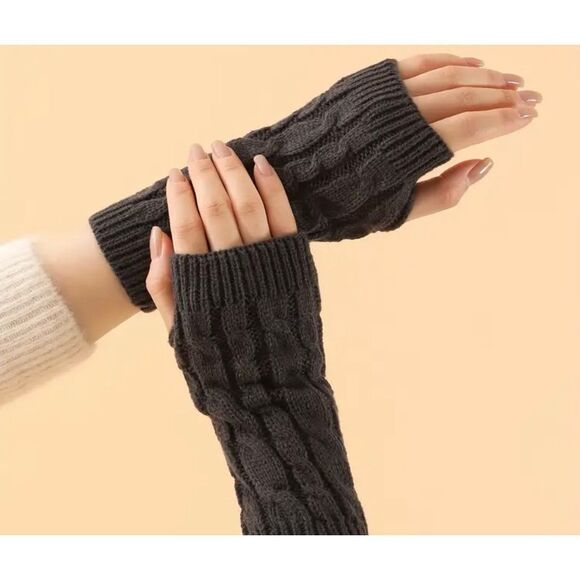 Women’s Cable Knit Fingerless Gloves Brown One Size - Picture 3 of 6